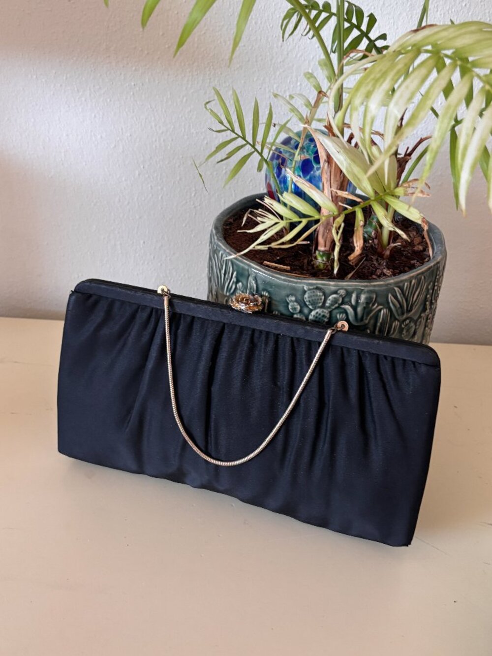 Black Satin Bag with Rose Clasp
